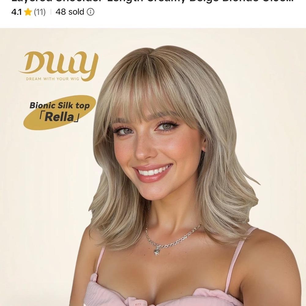 Creamy Beige Long Synthetic Wig with Bangs